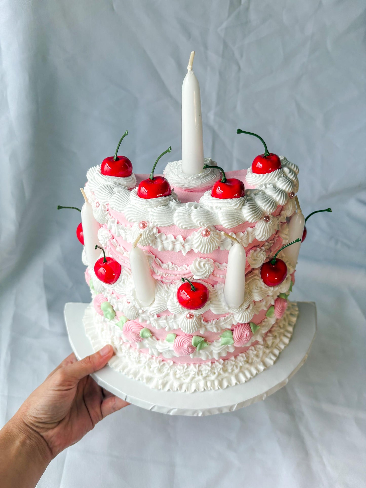 Cherry Birthday Cake Wall Hanging | Faux Cake Decor | Pink Lambeth Style Fake Cake | Coquette Wall Art