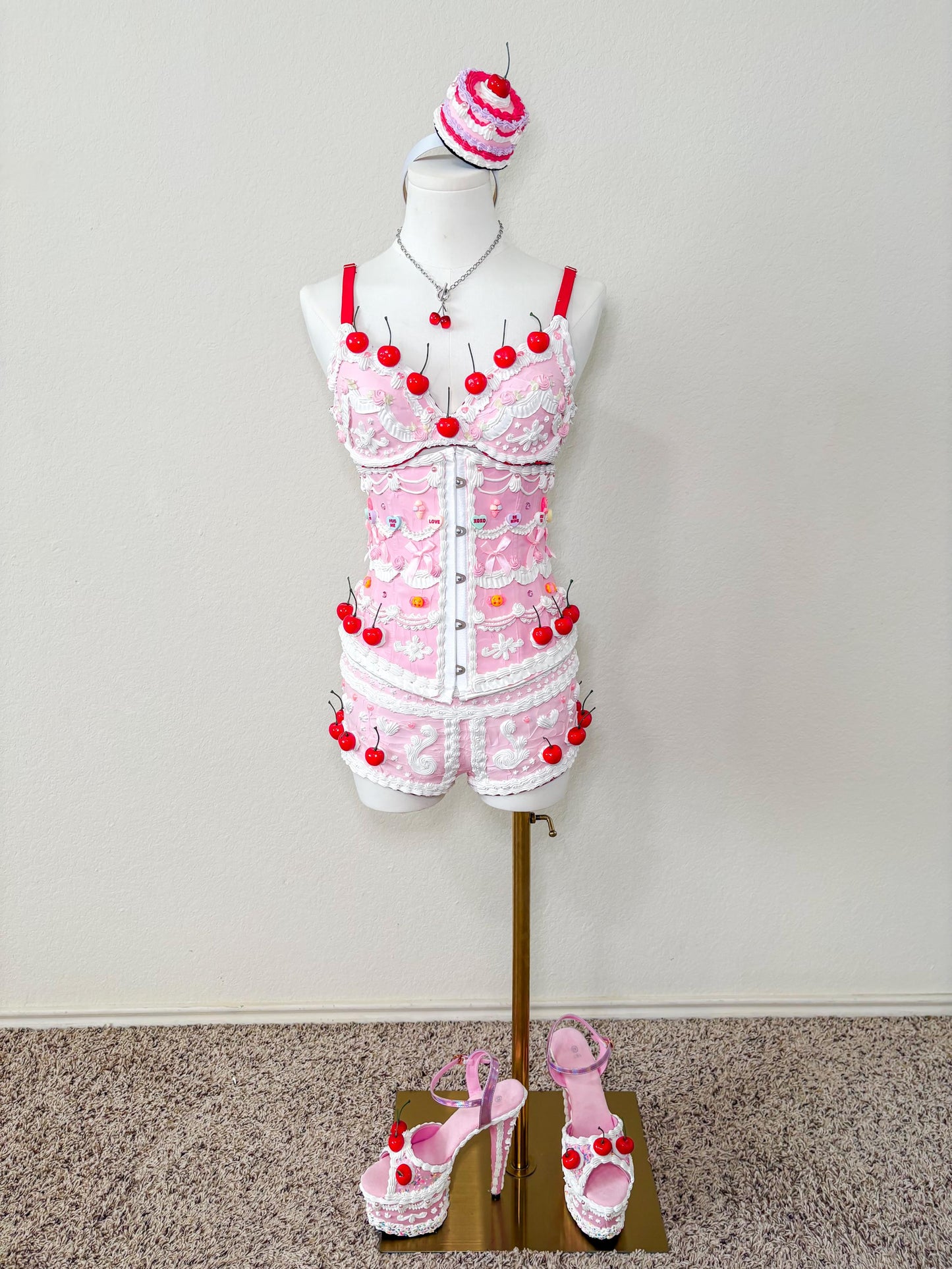 Customizable Cherry Cake Couture Set – Pink Cake Waist Corset, Bra & Shorts, Wearable Art Lingerie, Festival Outfit, Photoshoot Costume