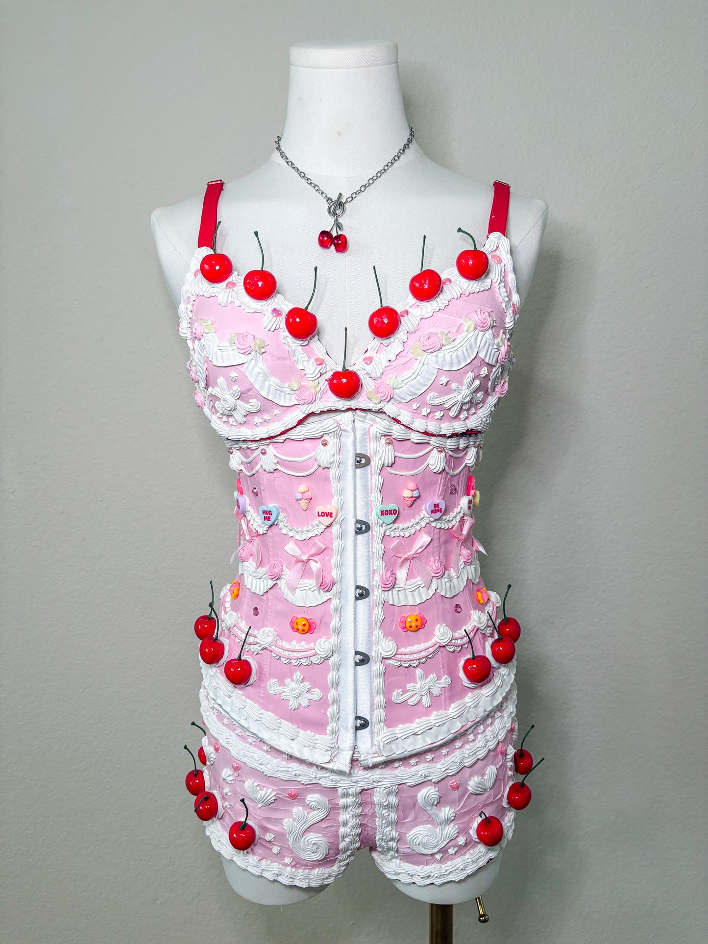 Customizable Cherry Cake Couture Set – Pink Cake Waist Corset, Bra & Shorts, Wearable Art Lingerie, Festival Outfit, Photoshoot Costume
