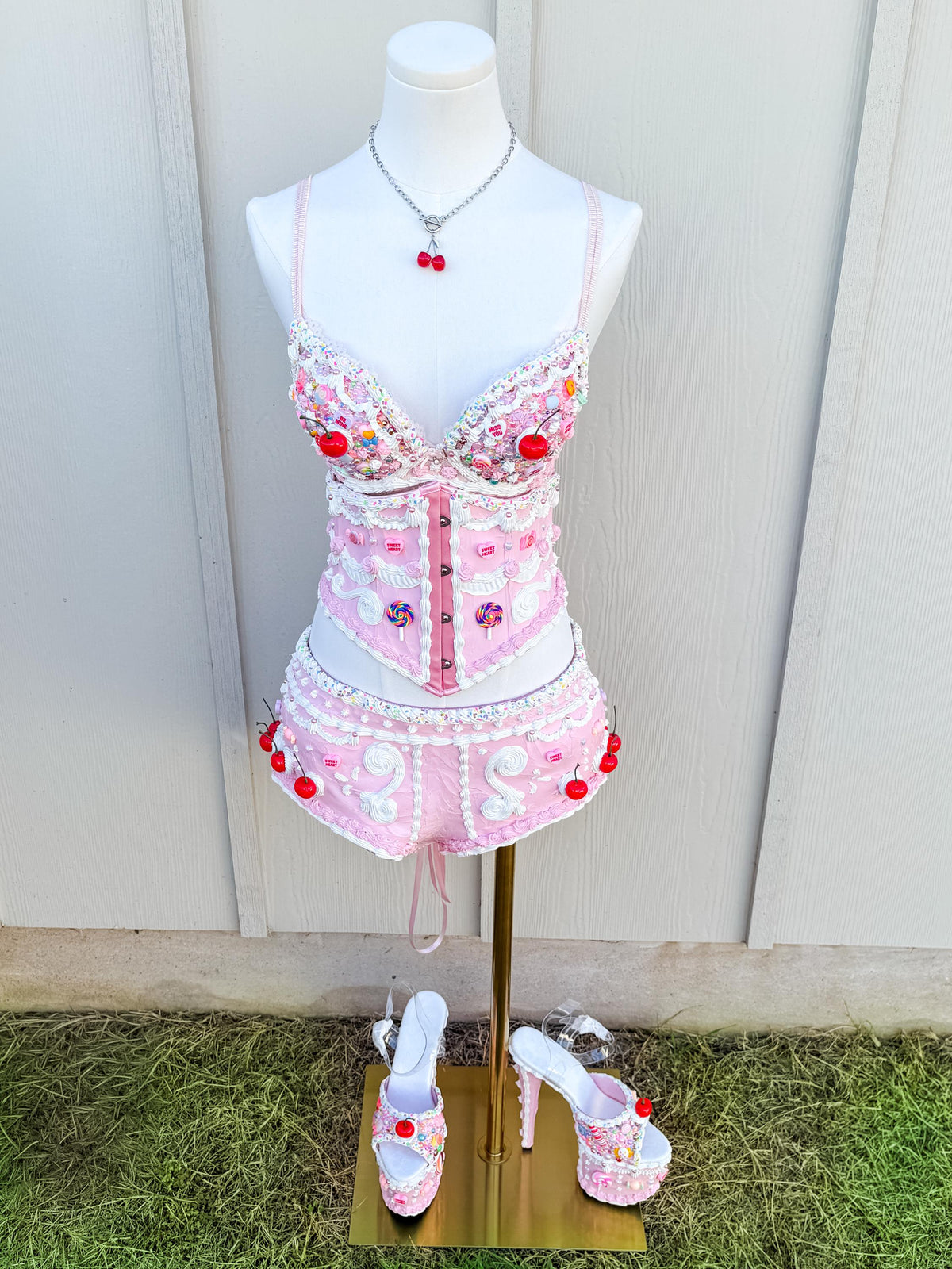 Bedazzled Cake and Candy Bra with Cherries | Handmade Rave Outfit, Rhinestone Festival Top, Cake Couture