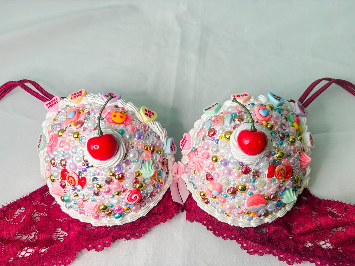 Bedazzled Cake and Candy Bra with Cherries | Handmade Rave Outfit, Rhinestone Festival Top, Cake Couture
