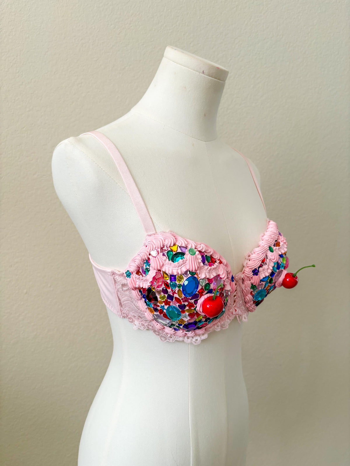Bedazzled Cake and Candy Bra with Cherries | Handmade Rave Outfit, Rhinestone Festival Top, Cake Couture
