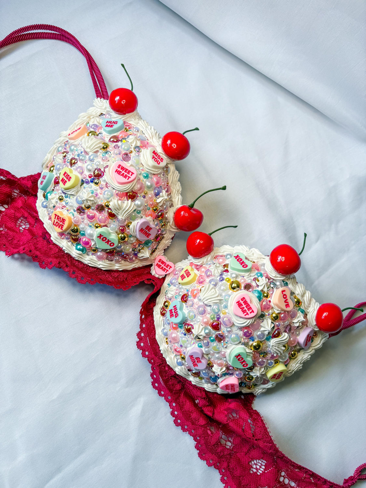 Bedazzled Cake and Candy Bra with Cherries | Handmade Rave Outfit, Rhinestone Festival Top, Cake Couture