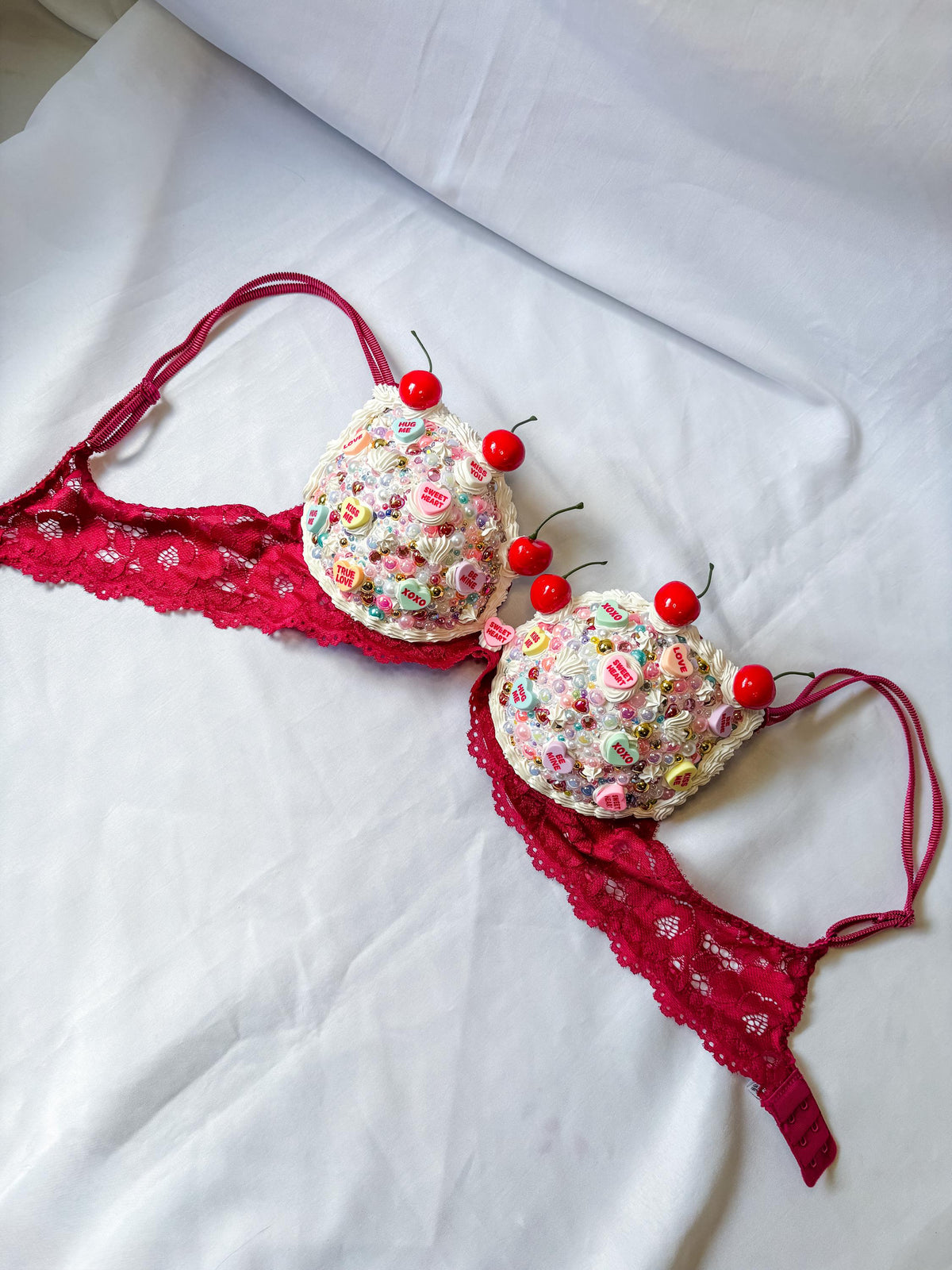 Bedazzled Cake and Candy Bra with Cherries | Handmade Rave Outfit, Rhinestone Festival Top, Cake Couture
