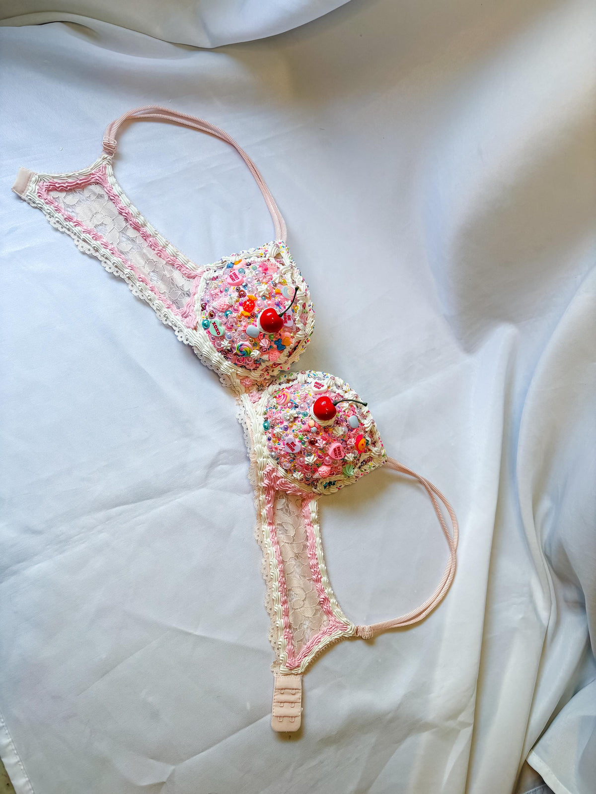 Bedazzled Cake and Candy Bra with Cherries | Handmade Rave Outfit, Rhinestone Festival Top, Cake Couture