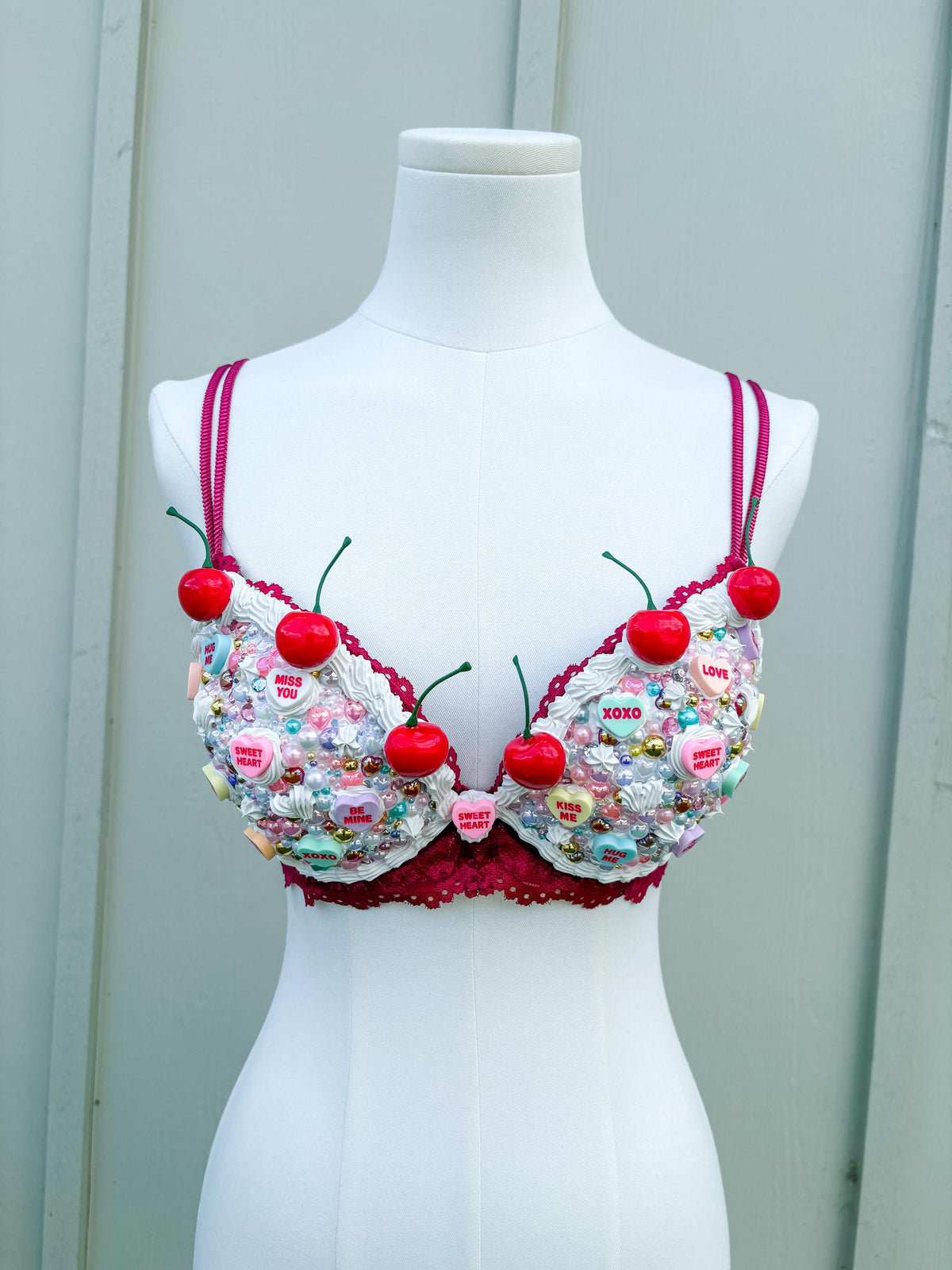 Bedazzled Cake and Candy Bra with Cherries | Handmade Rave Outfit, Rhinestone Festival Top, Cake Couture