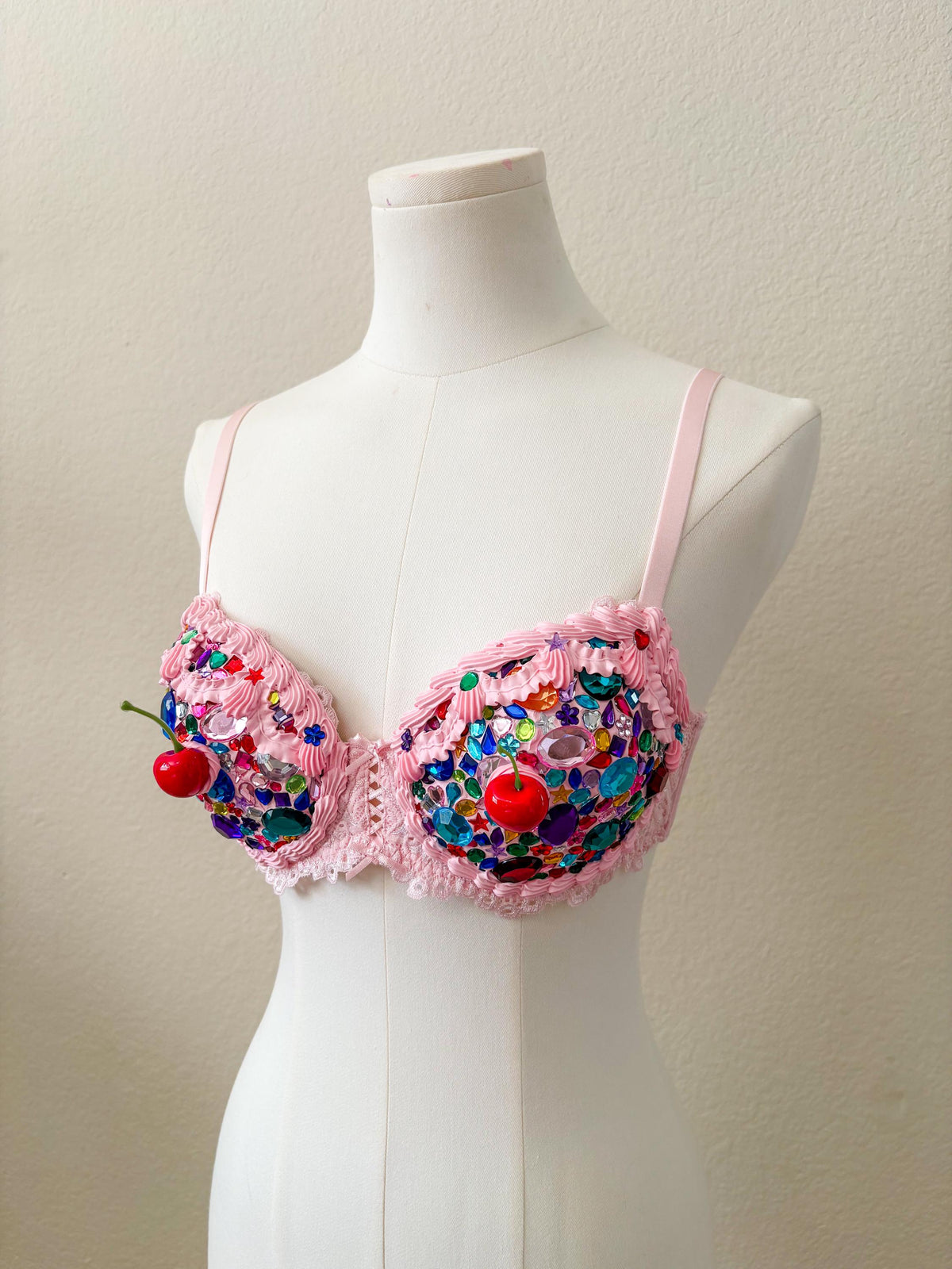 Bedazzled Cake and Candy Bra with Cherries | Handmade Rave Outfit, Rhinestone Festival Top, Cake Couture