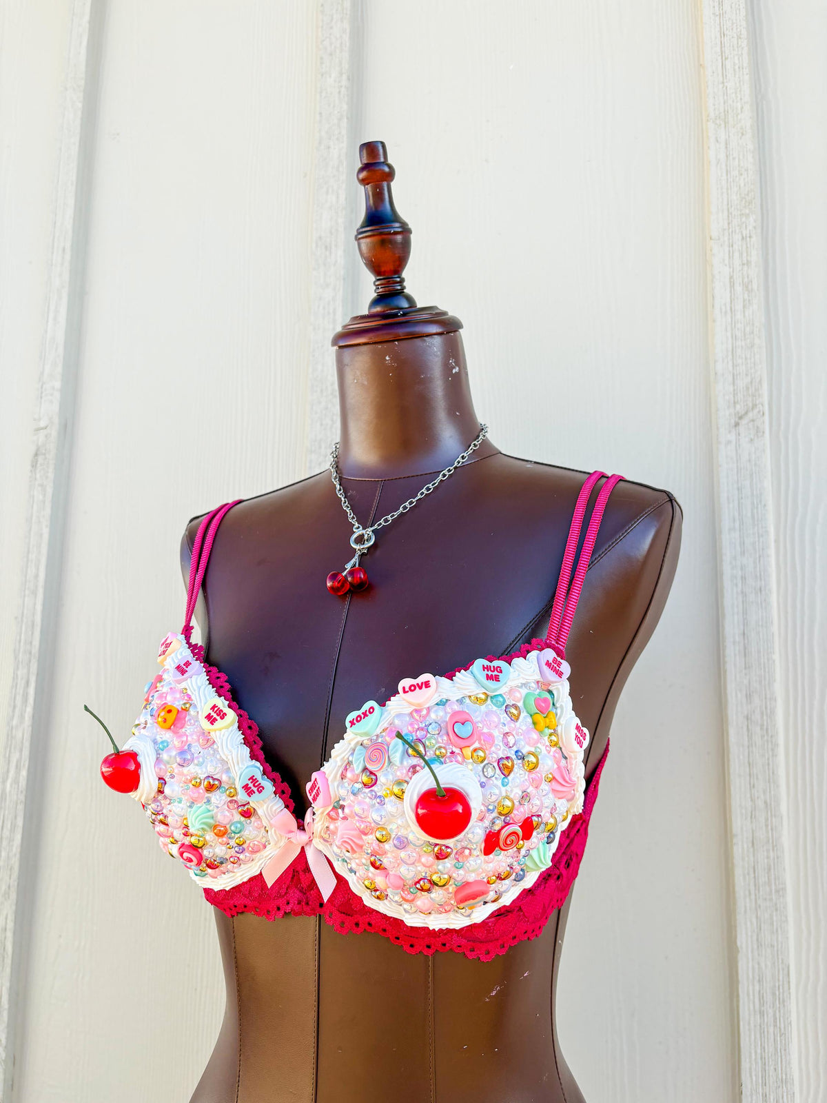 Bedazzled Cake and Candy Bra with Cherries | Handmade Rave Outfit, Rhinestone Festival Top, Cake Couture