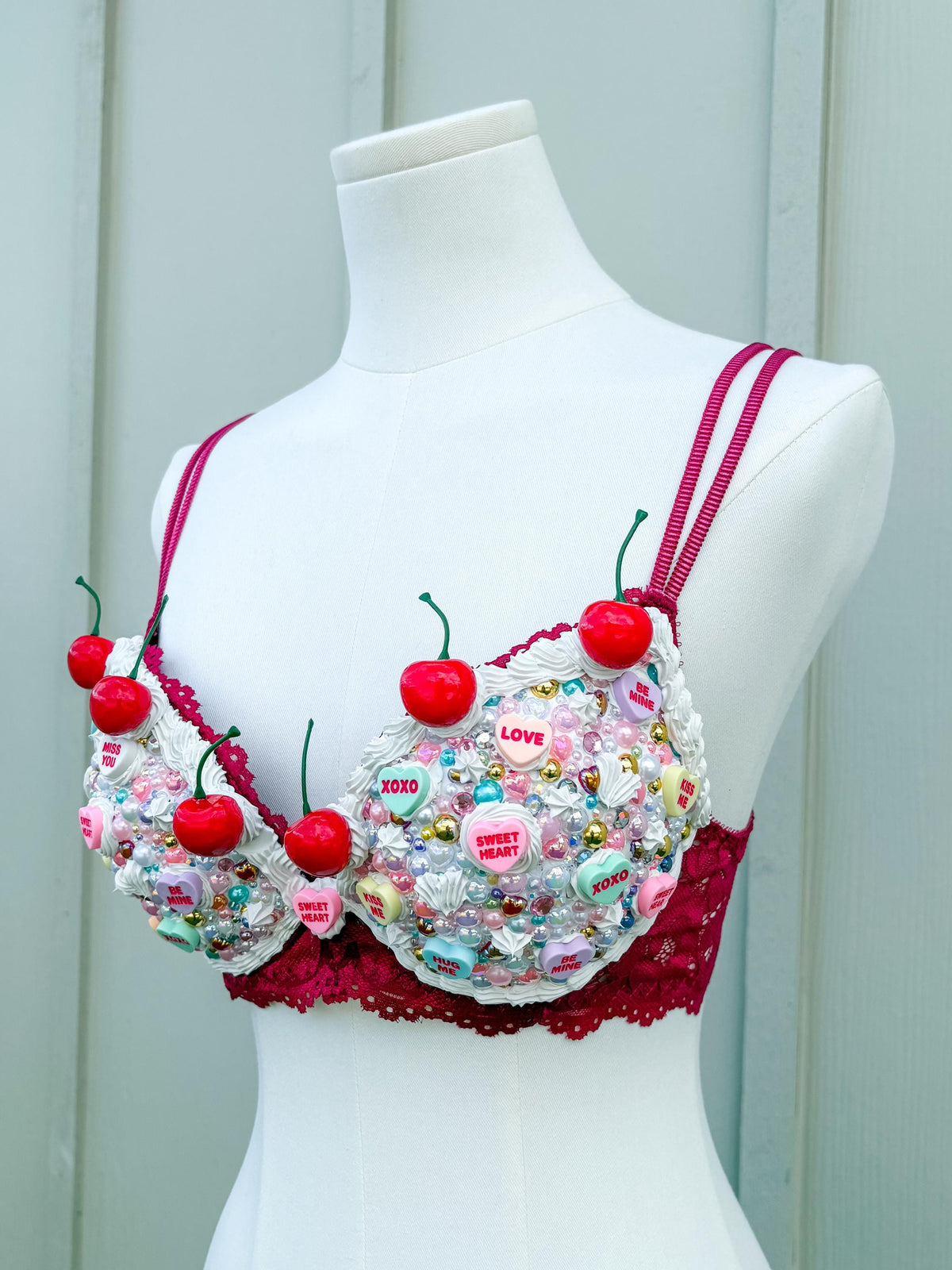 Bedazzled Cake and Candy Bra with Cherries | Handmade Rave Outfit, Rhinestone Festival Top, Cake Couture