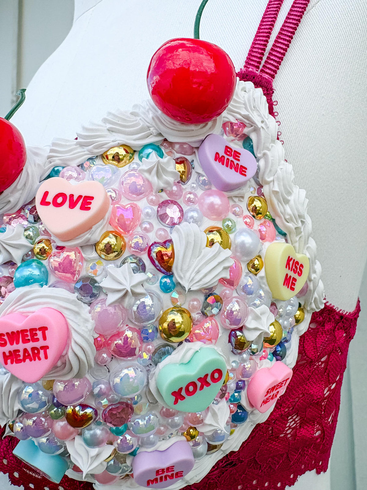 Bedazzled Cake and Candy Bra with Cherries | Handmade Rave Outfit, Rhinestone Festival Top, Cake Couture