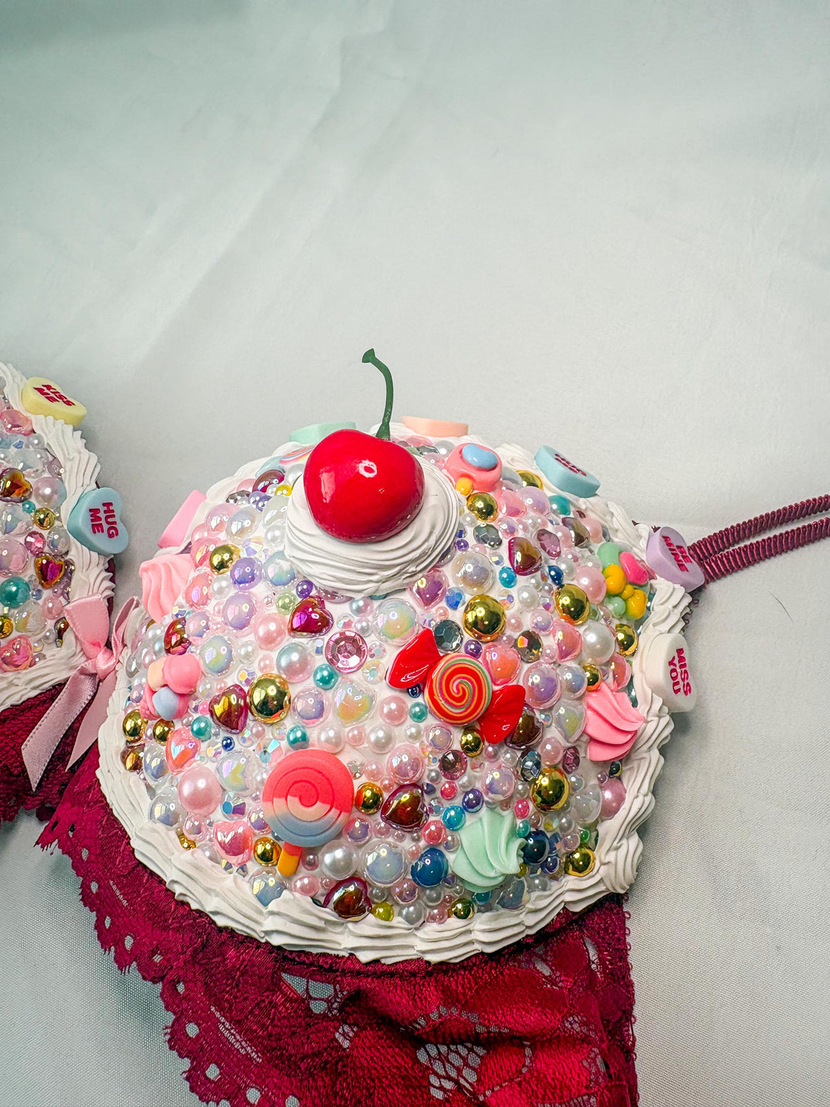 Bedazzled Cake and Candy Bra with Cherries | Handmade Rave Outfit, Rhinestone Festival Top, Cake Couture