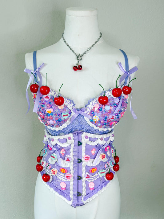 Bedazzled Cake and Candy Bra with Cherries | Handmade Rave Outfit, Rhinestone Festival Top, Cake Couture