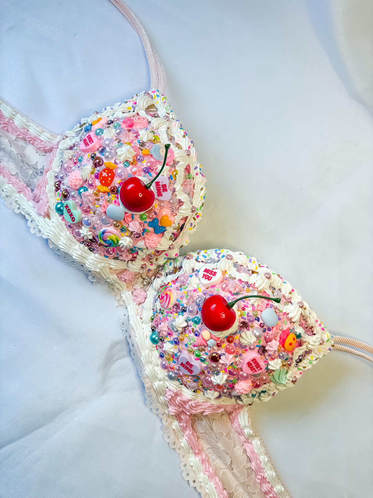 Bedazzled Cake and Candy Bra with Cherries | Handmade Rave Outfit, Rhinestone Festival Top, Cake Couture