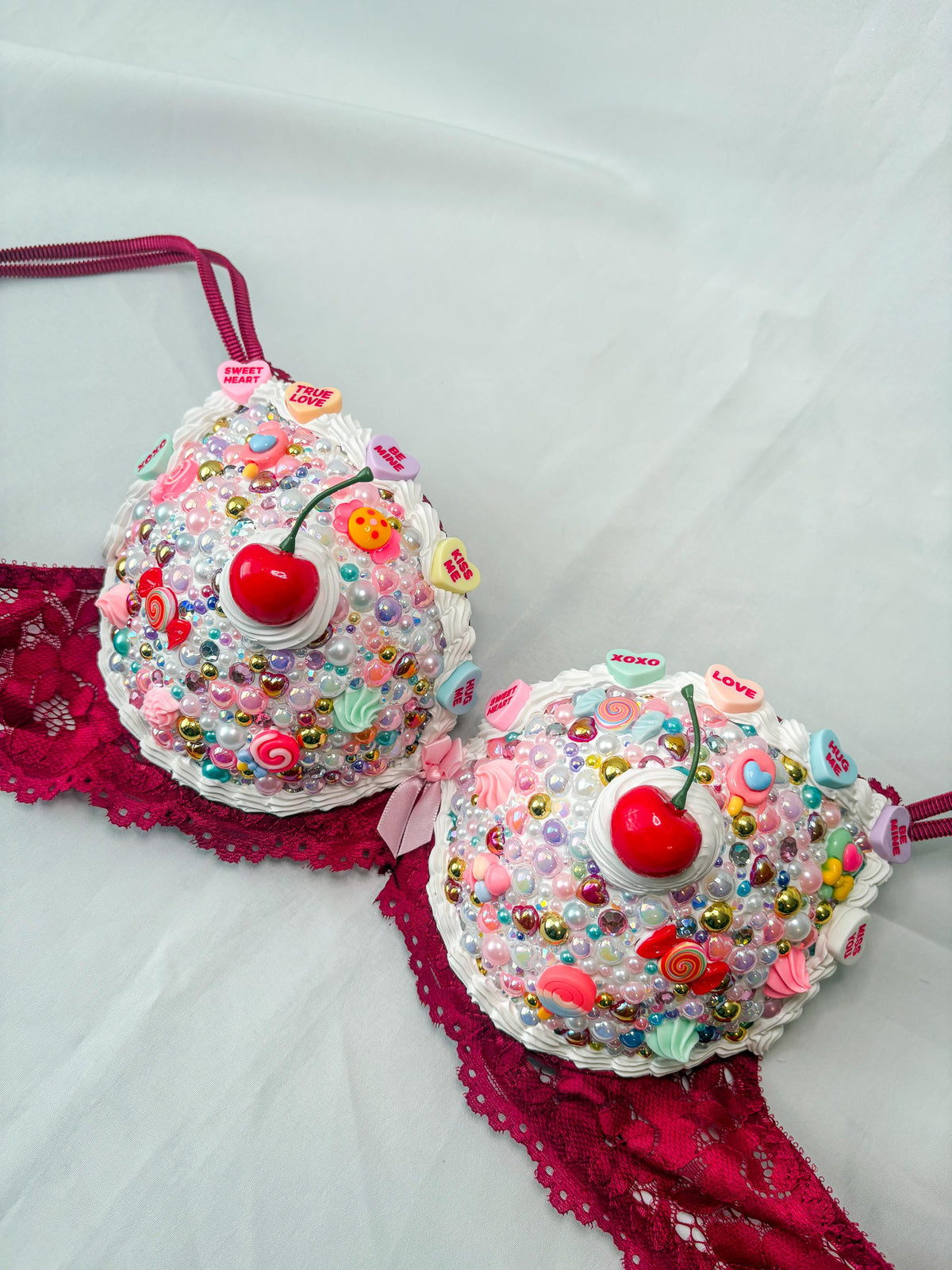 Bedazzled Cake and Candy Bra with Cherries | Handmade Rave Outfit, Rhinestone Festival Top, Cake Couture