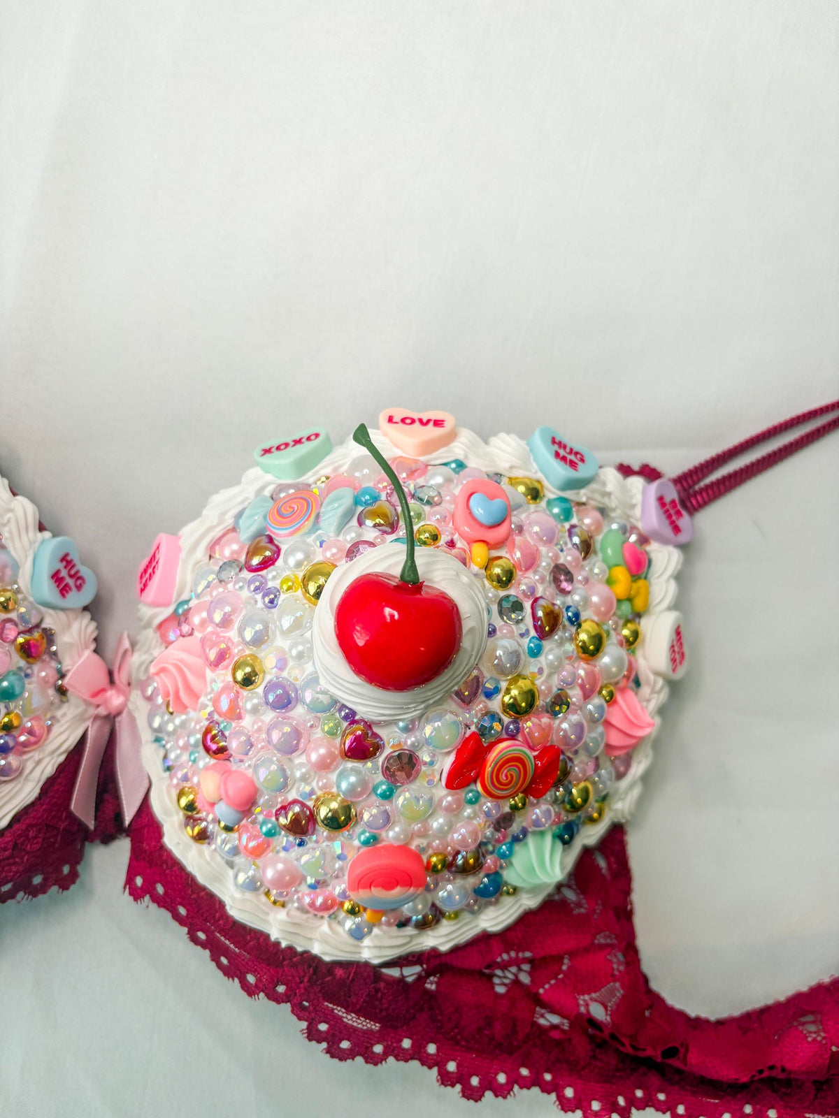 Bedazzled Cake and Candy Bra with Cherries | Handmade Rave Outfit, Rhinestone Festival Top, Cake Couture