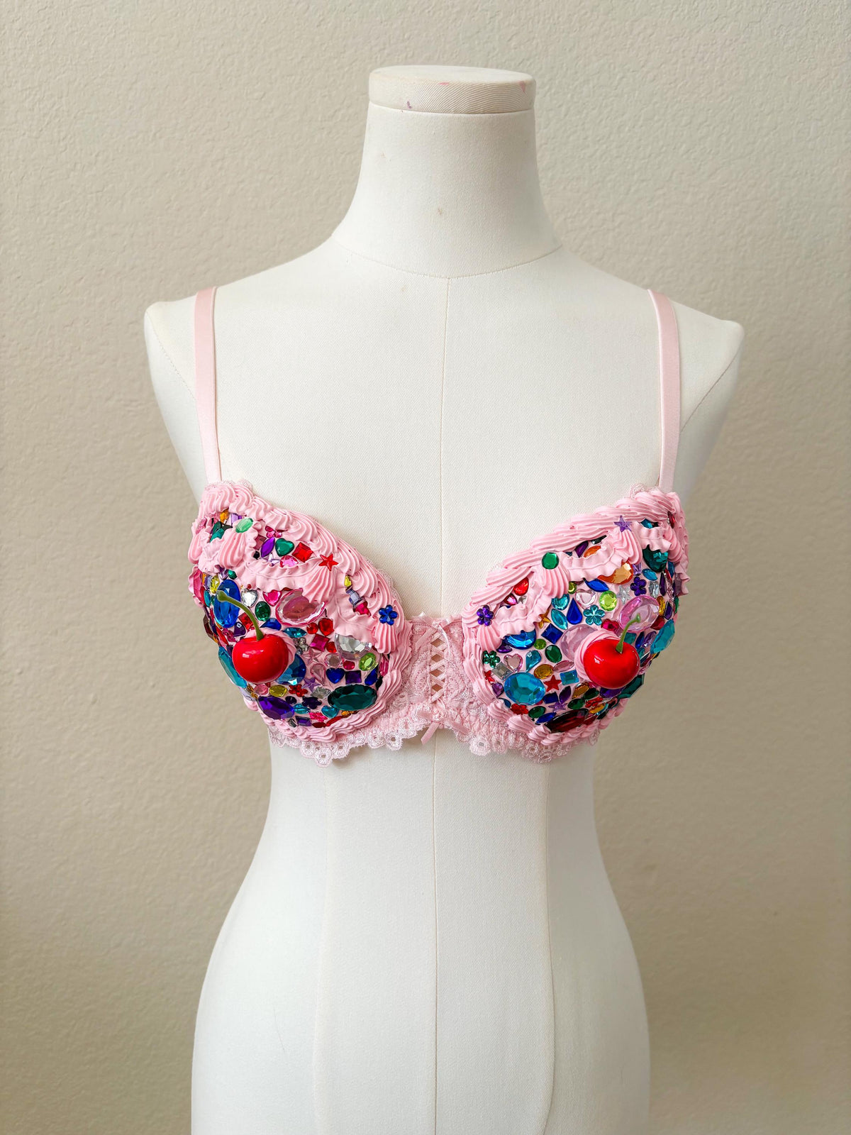 Bedazzled Cake and Candy Bra with Cherries | Handmade Rave Outfit, Rhinestone Festival Top, Cake Couture