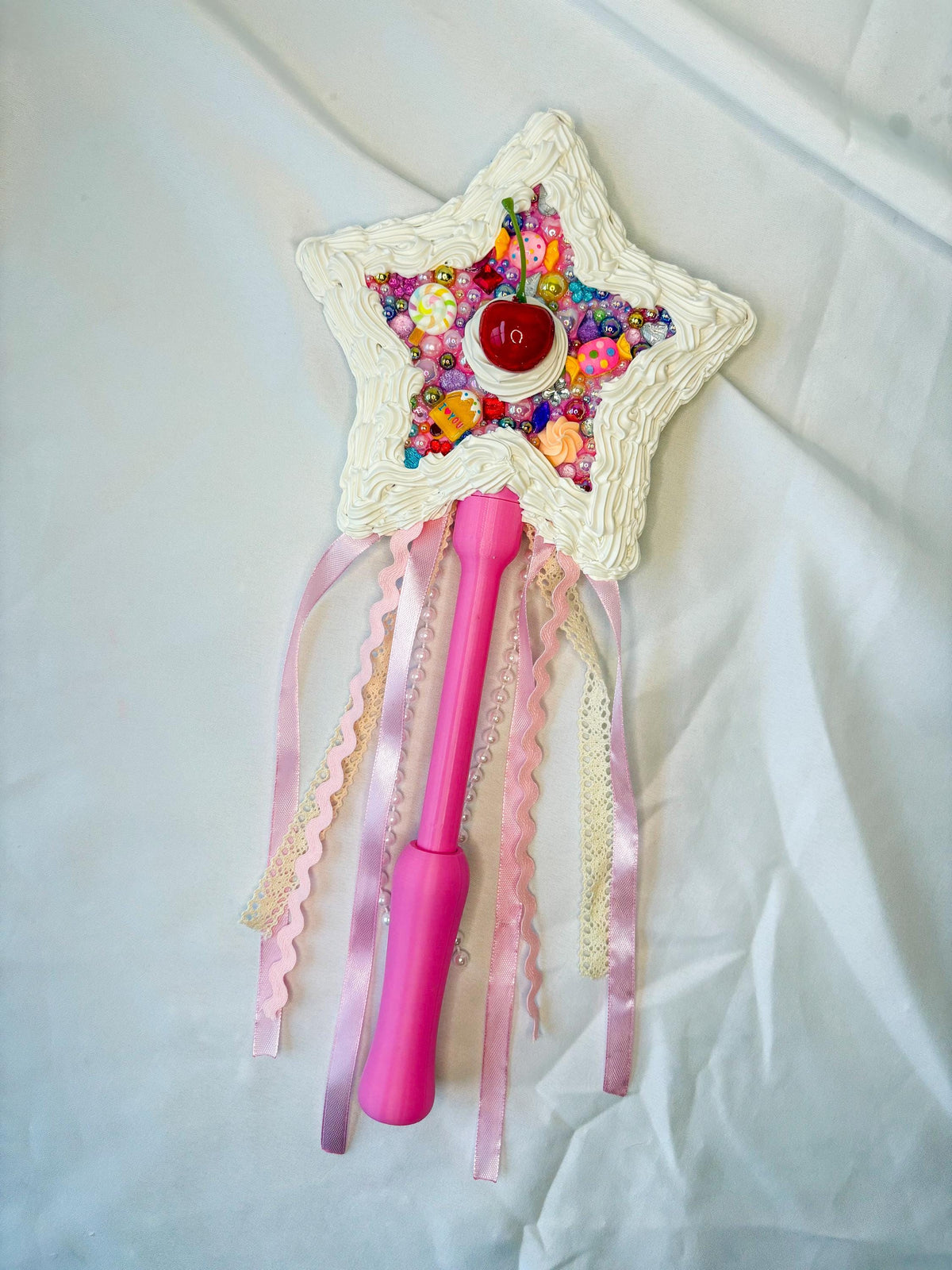 Candy Fairy Wand with Faux Frosting, Cherry & Rainbow Sprinkles | Pink Star Wand with Ribbons