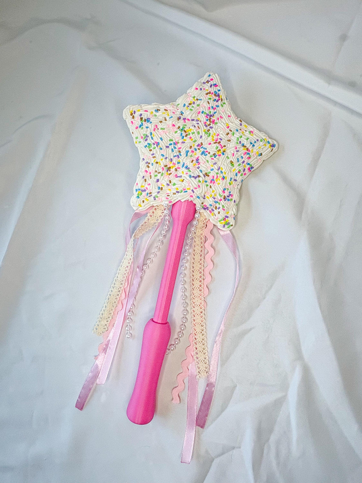 Candy Fairy Wand with Faux Frosting, Cherry & Rainbow Sprinkles | Pink Star Wand with Ribbons