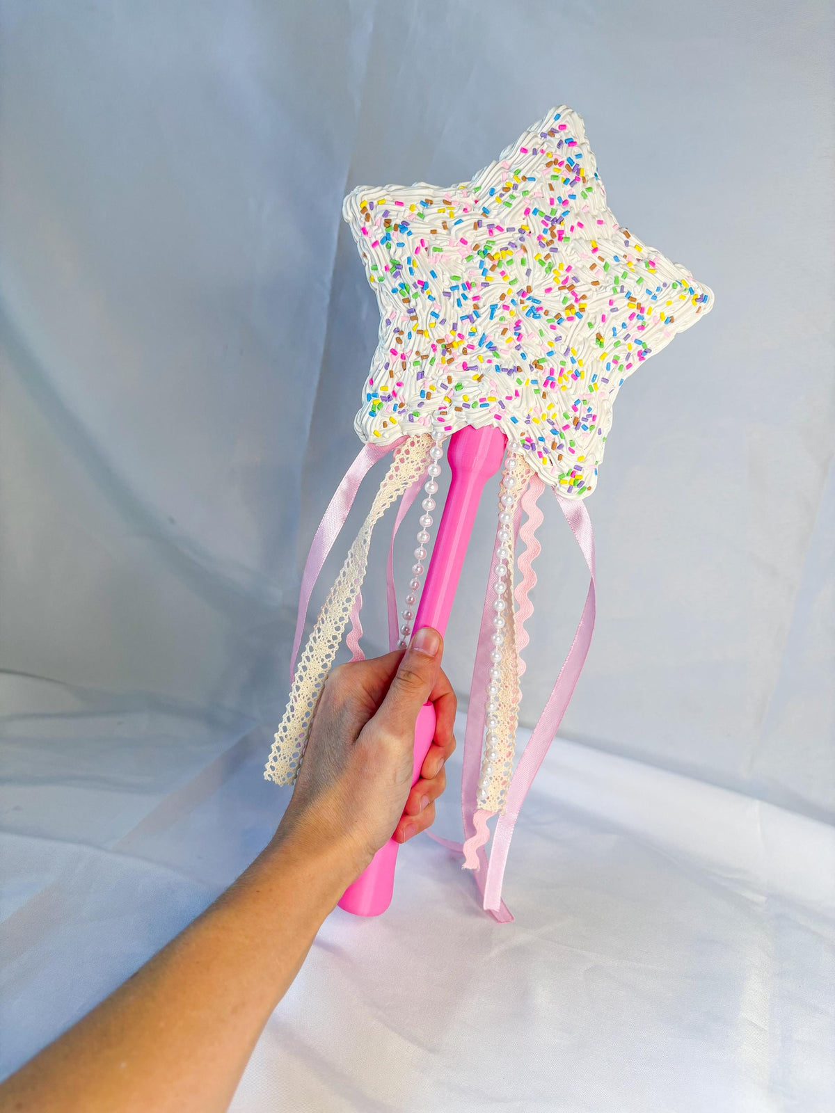 Candy Fairy Wand with Faux Frosting, Cherry & Rainbow Sprinkles | Pink Star Wand with Ribbons