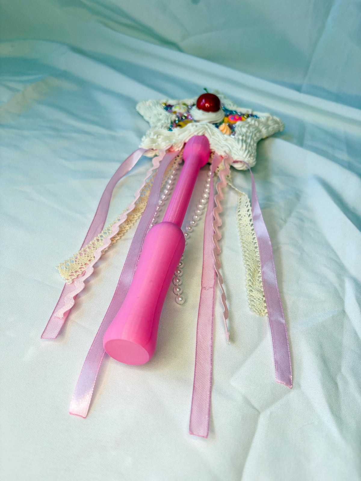 Candy Fairy Wand with Faux Frosting, Cherry & Rainbow Sprinkles | Pink Star Wand with Ribbons