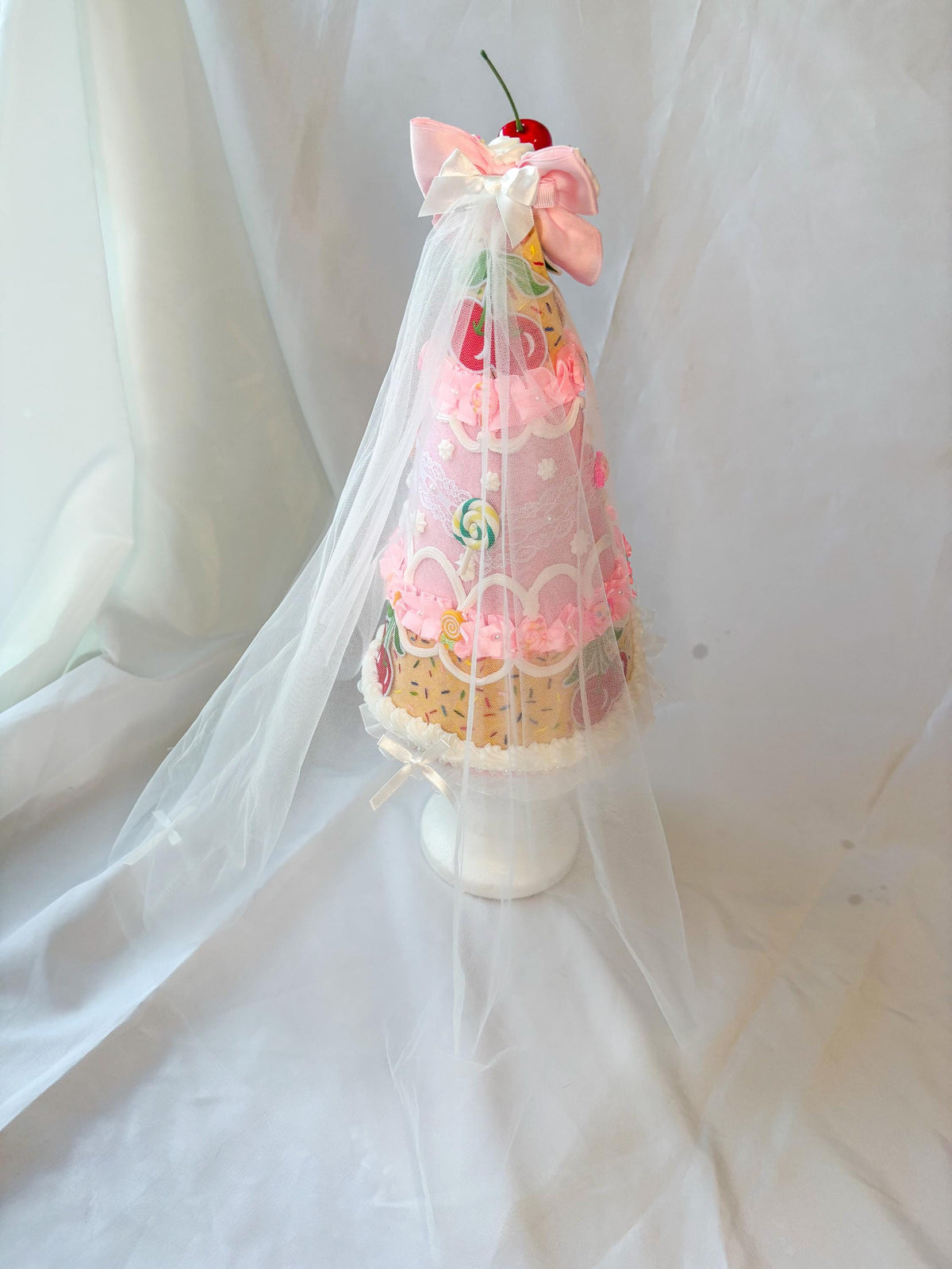 Candy Cake Fairy/Princess Hat with Faux Frosting, Cherry Bow & Tulle Veil | Pink Felt Costume Hat