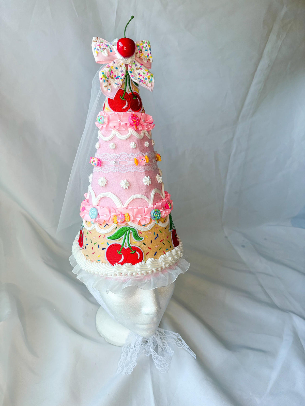 Candy Cake Fairy/Princess Hat with Faux Frosting, Cherry Bow & Tulle Veil | Pink Felt Costume Hat