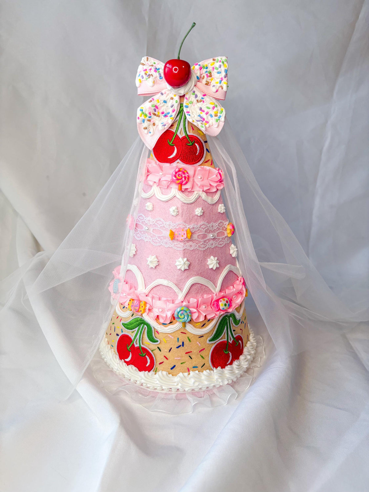 Candy Cake Fairy/Princess Hat with Faux Frosting, Cherry Bow & Tulle Veil | Pink Felt Costume Hat