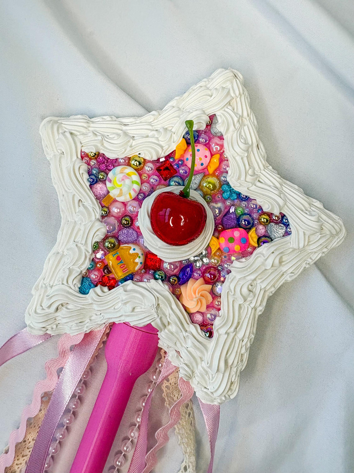 Candy Fairy Wand with Faux Frosting, Cherry & Rainbow Sprinkles | Pink Star Wand with Ribbons