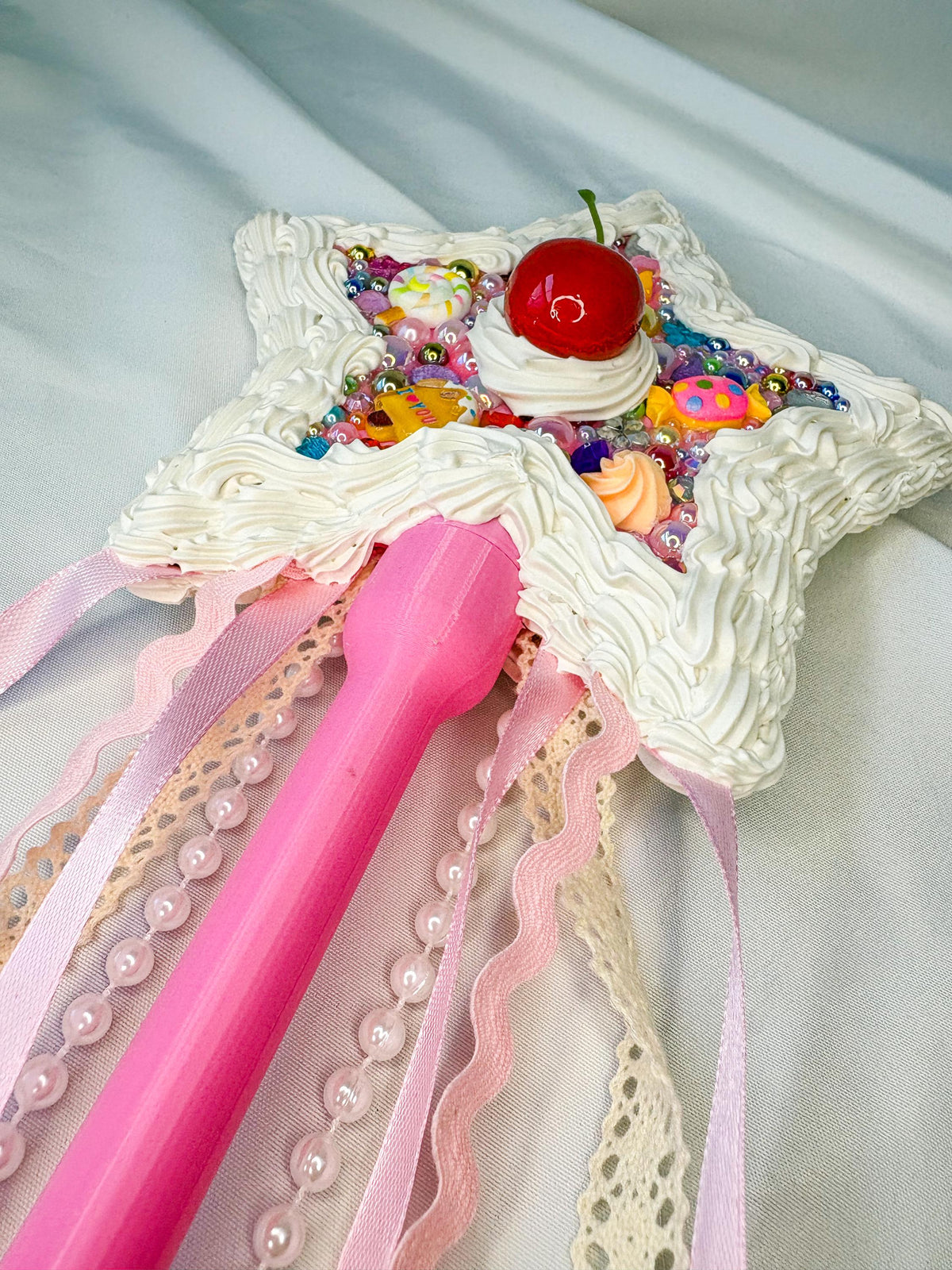 Candy Fairy Wand with Faux Frosting, Cherry & Rainbow Sprinkles | Pink Star Wand with Ribbons