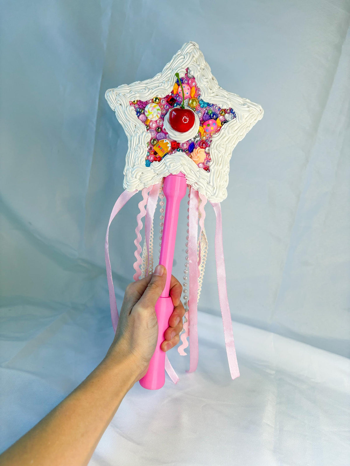 Candy Fairy Wand with Faux Frosting, Cherry & Rainbow Sprinkles | Pink Star Wand with Ribbons