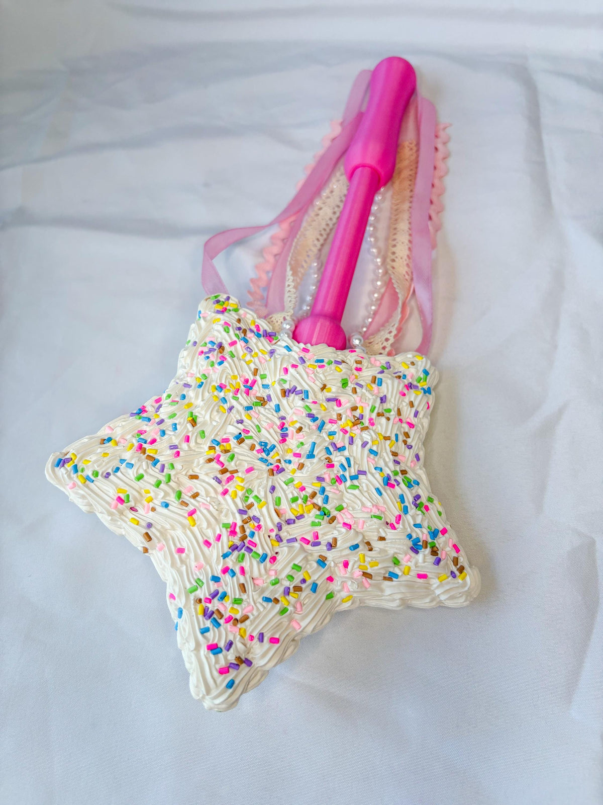 Candy Fairy Wand with Faux Frosting, Cherry & Rainbow Sprinkles | Pink Star Wand with Ribbons