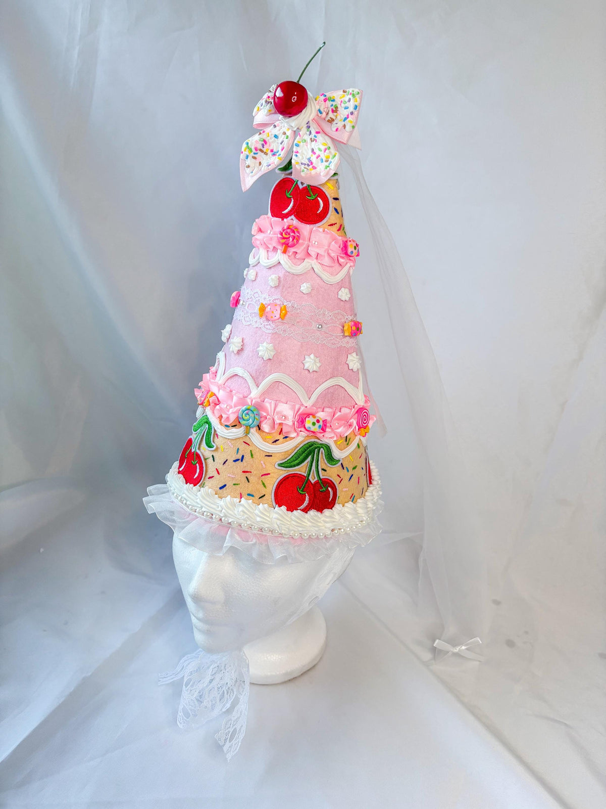 Candy Cake Fairy/Princess Hat with Faux Frosting, Cherry Bow & Tulle Veil | Pink Felt Costume Hat