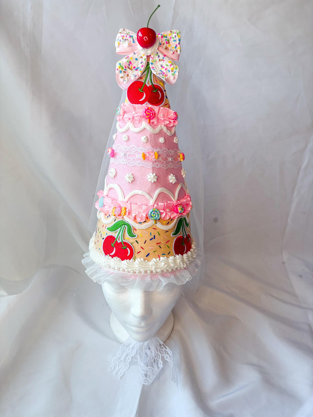 Candy Cake Fairy/Princess Hat with Faux Frosting, Cherry Bow & Tulle Veil | Pink Felt Costume Hat