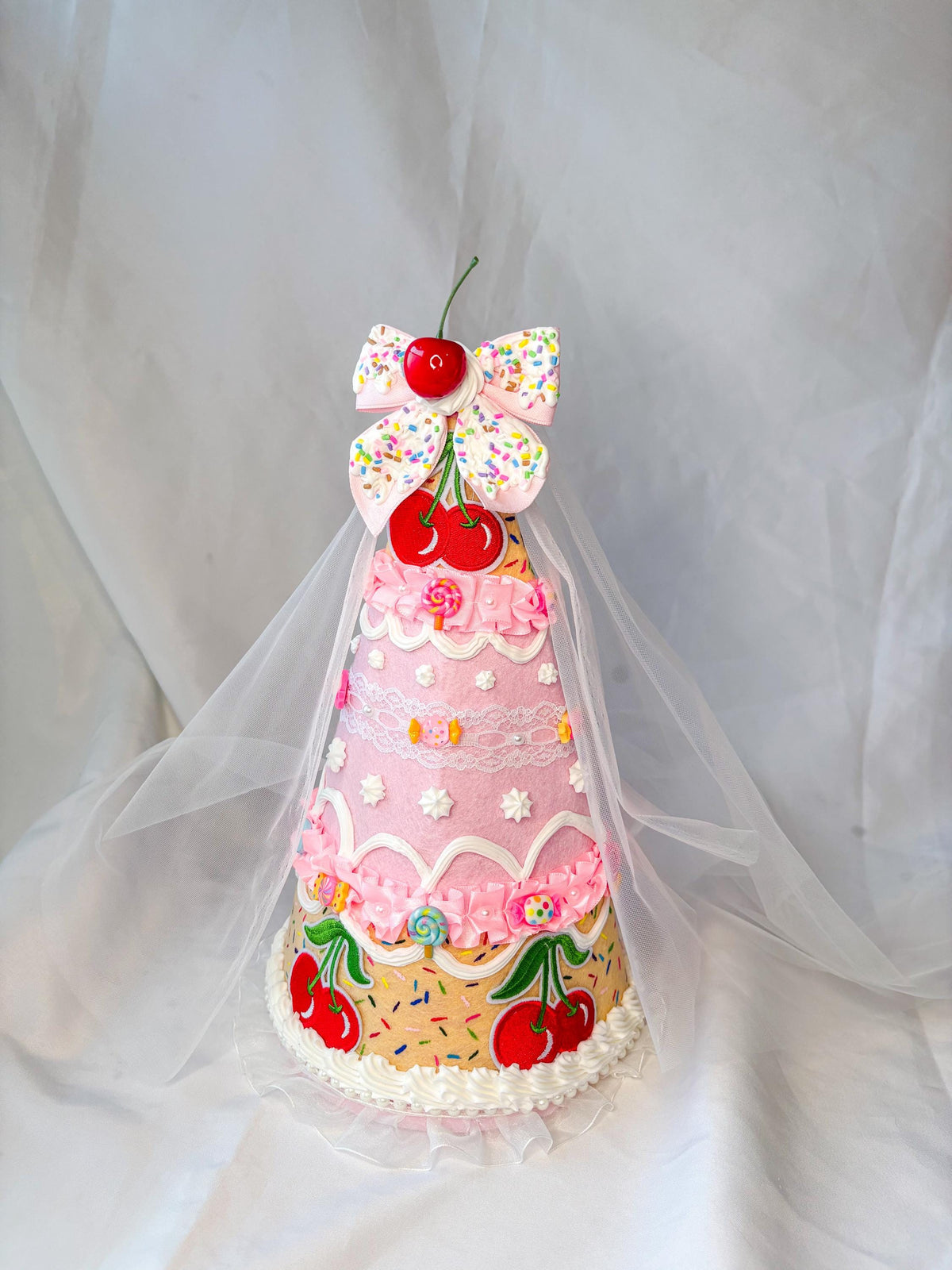 Candy Cake Fairy/Princess Hat with Faux Frosting, Cherry Bow & Tulle Veil | Pink Felt Costume Hat