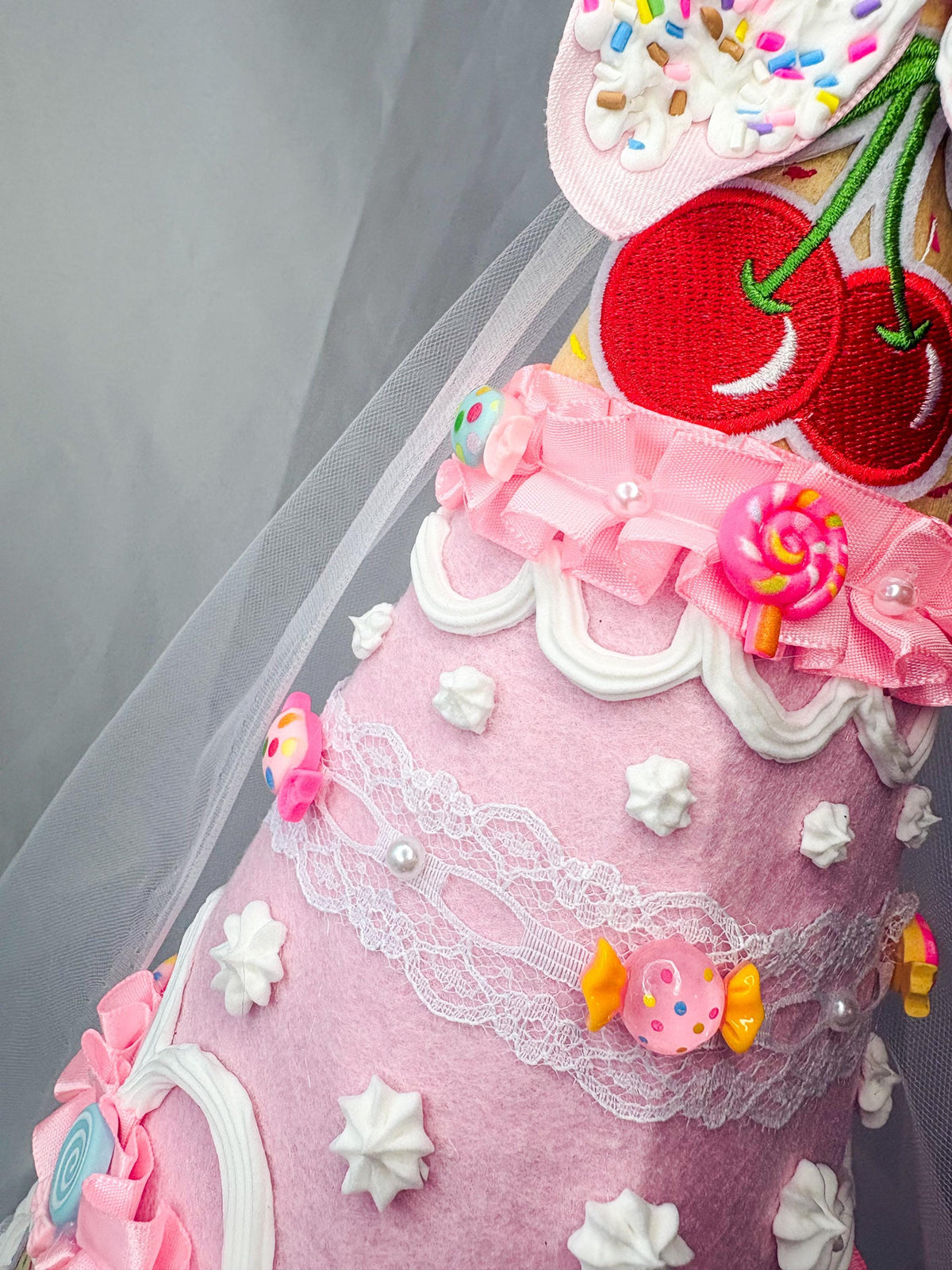 Candy Cake Fairy/Princess Hat with Faux Frosting, Cherry Bow & Tulle Veil | Pink Felt Costume Hat