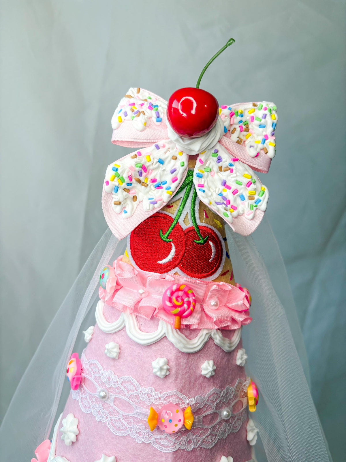 Candy Cake Fairy/Princess Hat with Faux Frosting, Cherry Bow & Tulle Veil | Pink Felt Costume Hat