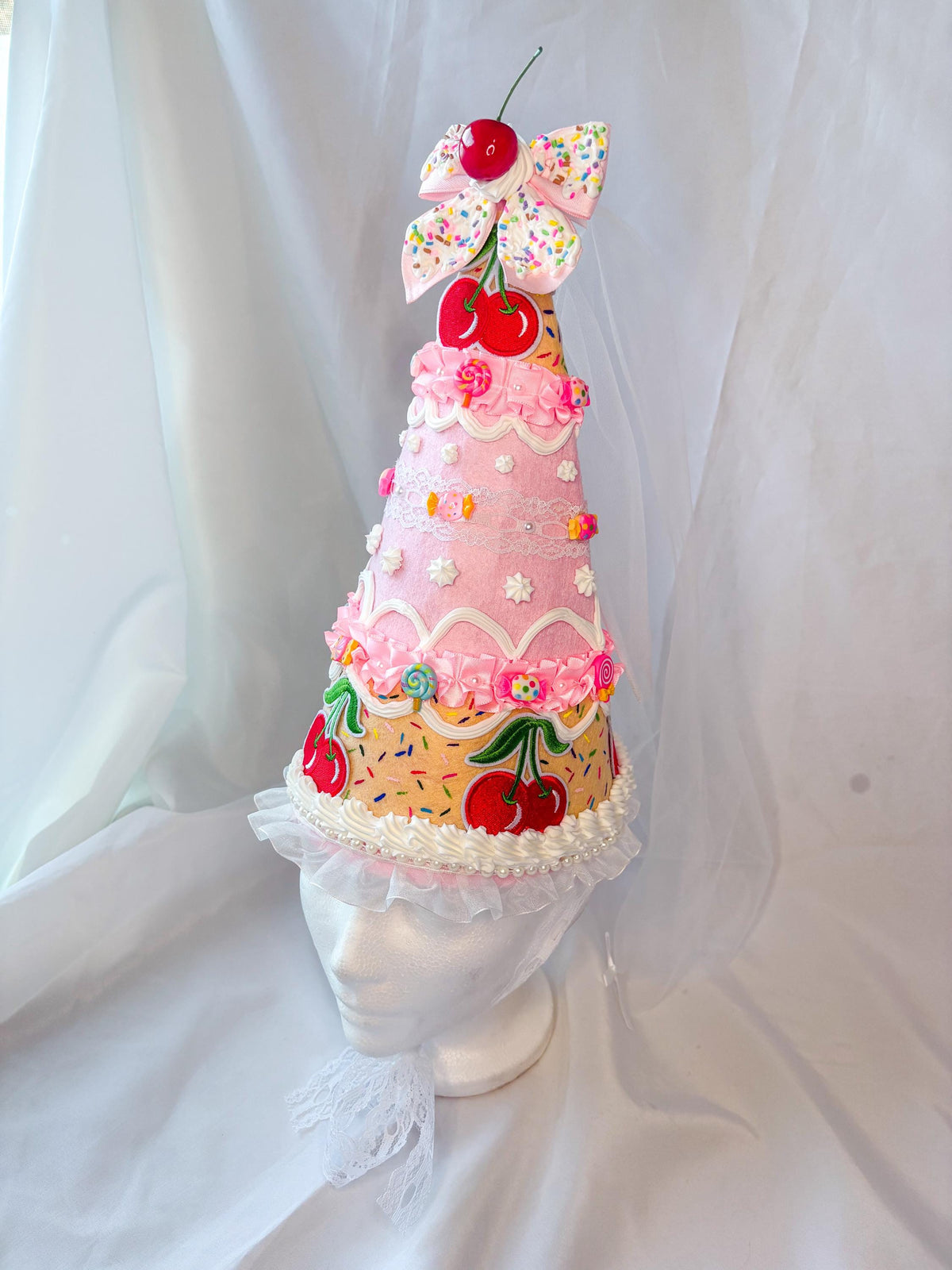 Candy Cake Fairy/Princess Hat with Faux Frosting, Cherry Bow & Tulle Veil | Pink Felt Costume Hat
