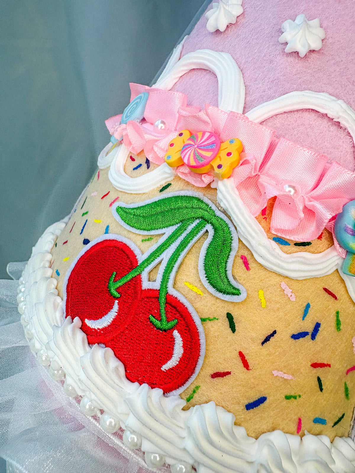 Candy Cake Fairy/Princess Hat with Faux Frosting, Cherry Bow & Tulle Veil | Pink Felt Costume Hat