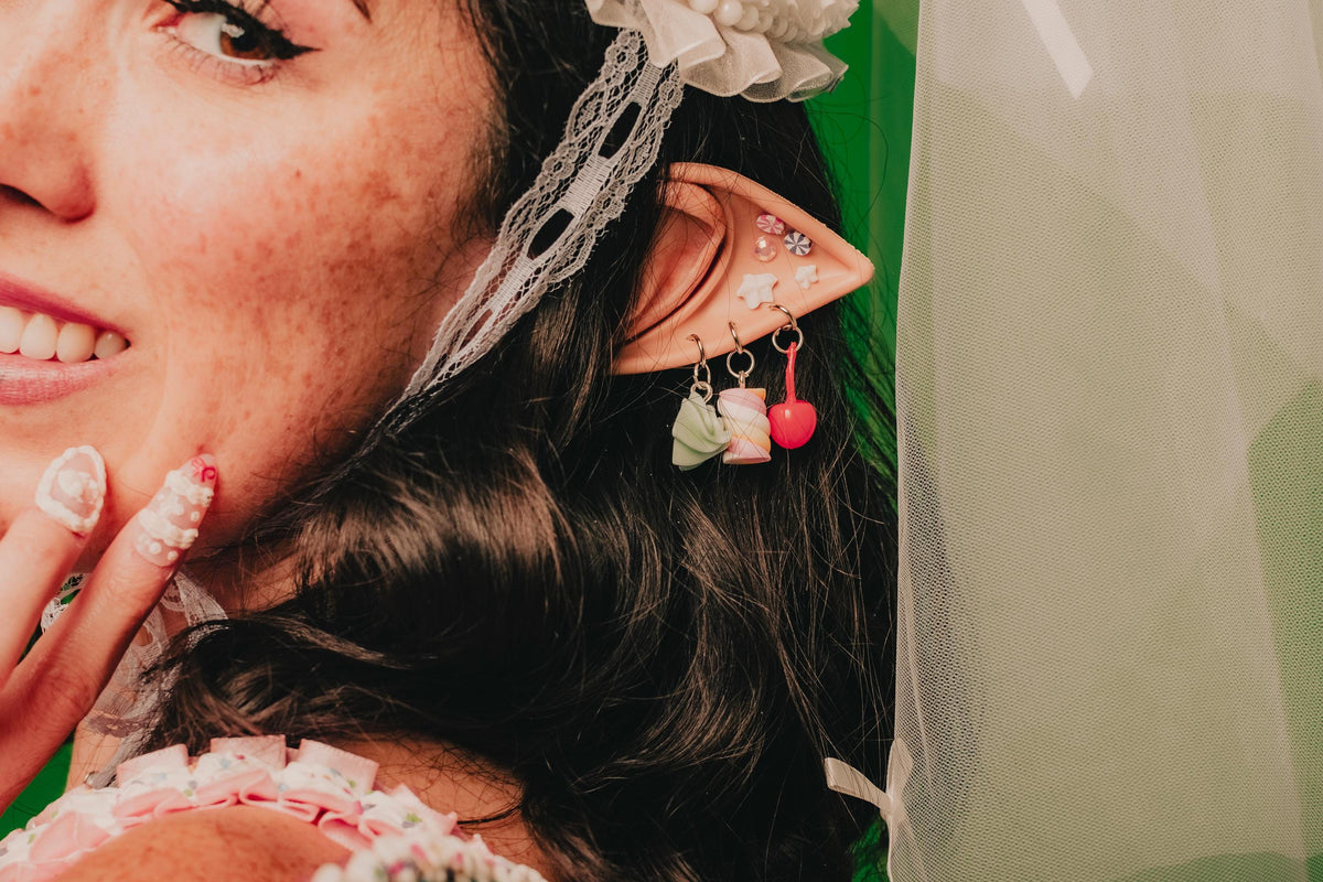 Candy Fairy/Elf Ears with Faux Piercings | Silicone Ears with Candy Charms | Cosplay, Rave & Costume Accessories