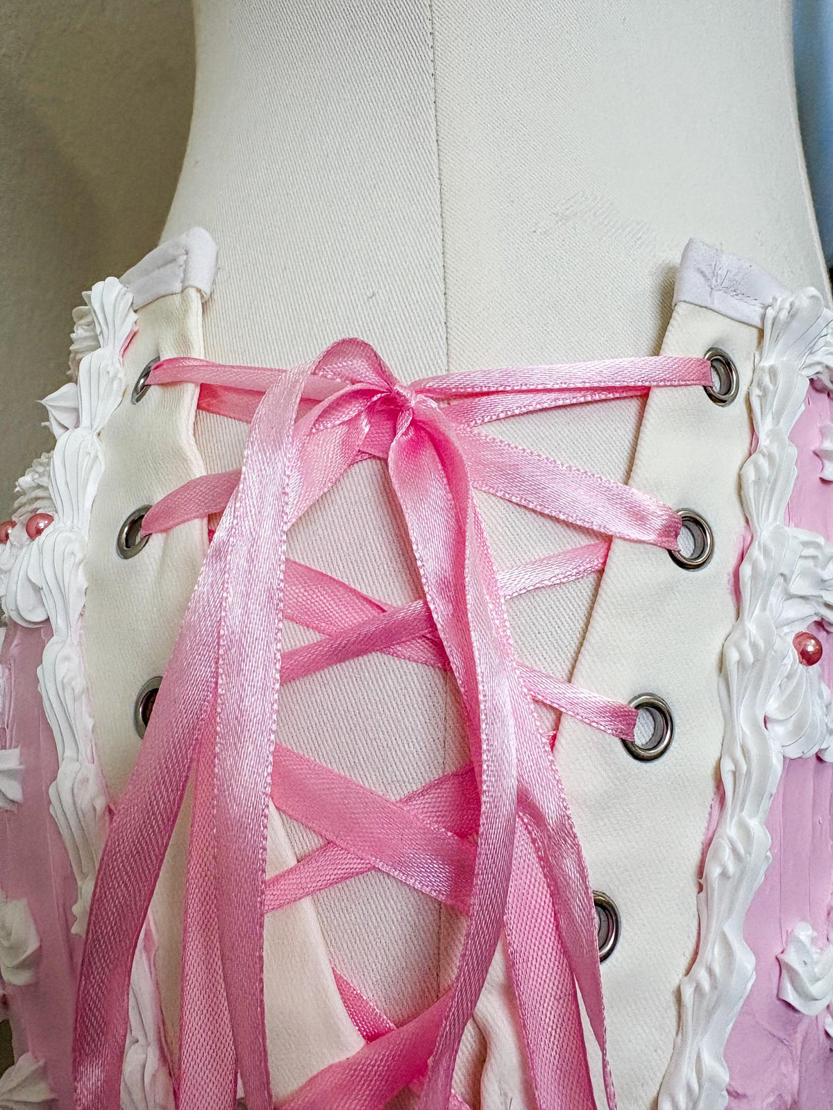 Pink Cake Shorts with Side Corset Lacing, White Faux Frosting & Cherries, Coquette Rave Costume Bottoms