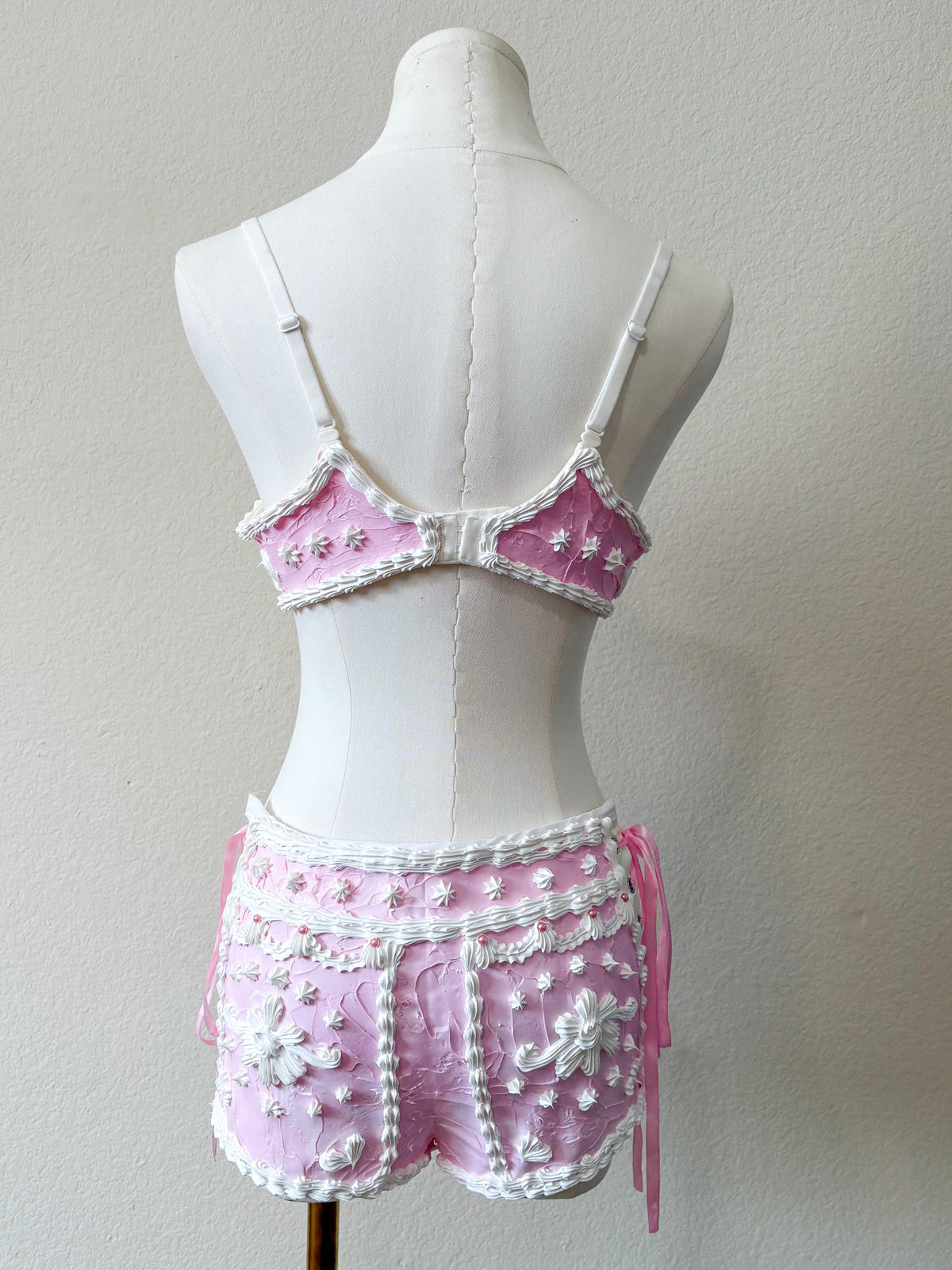 Pink Cake Shorts with Side Corset Lacing, White Faux Frosting & Cherries, Coquette Rave Costume Bottoms
