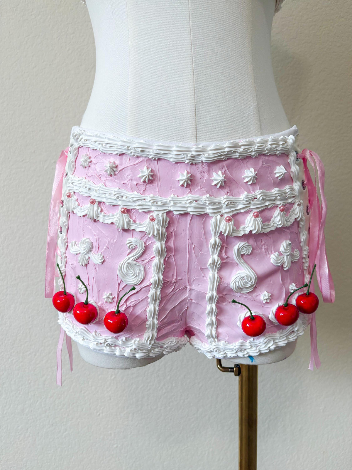 Pink Cake Shorts with Side Corset Lacing, White Faux Frosting & Cherries, Coquette Rave Costume Bottoms