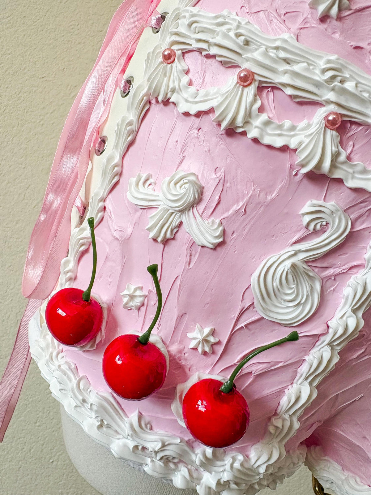 Pink Cake Shorts with Side Corset Lacing, White Faux Frosting & Cherries, Coquette Rave Costume Bottoms