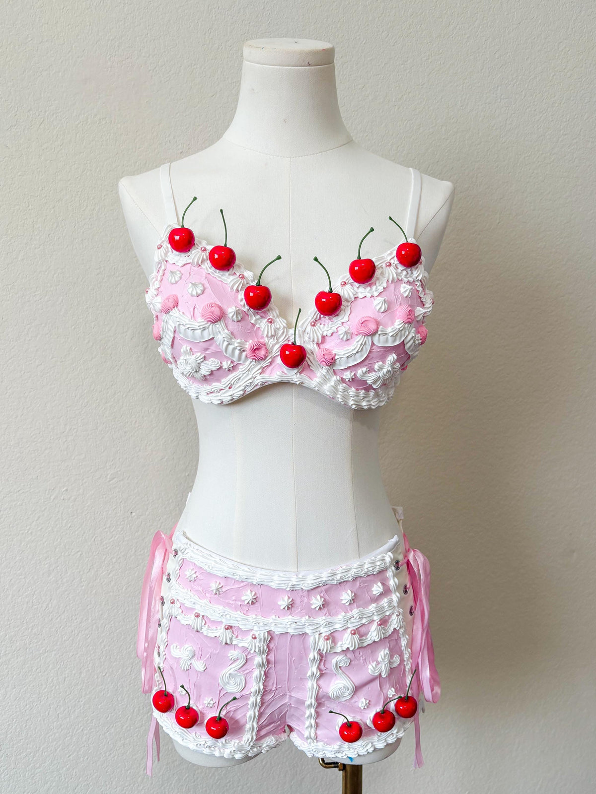 Pink Cake Shorts with Side Corset Lacing, White Faux Frosting & Cherries, Coquette Rave Costume Bottoms