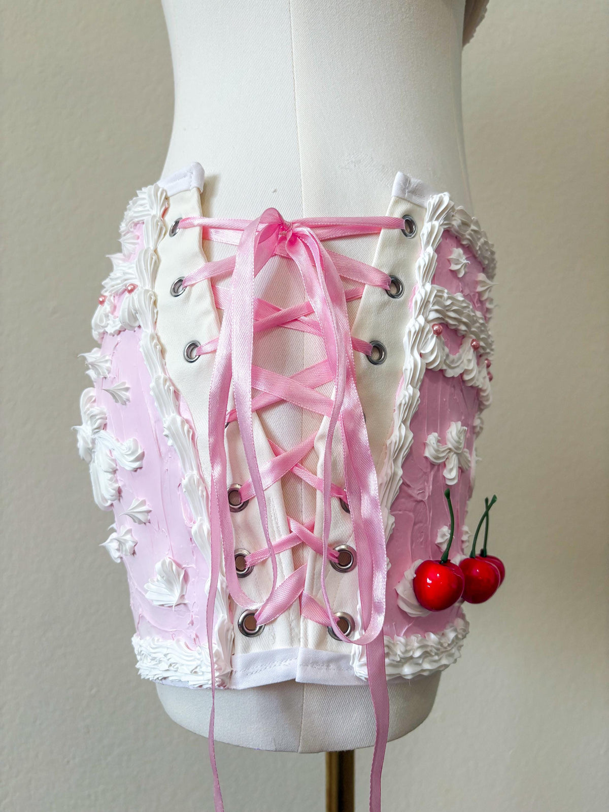 Pink Cake Shorts with Side Corset Lacing, White Faux Frosting & Cherries, Coquette Rave Costume Bottoms