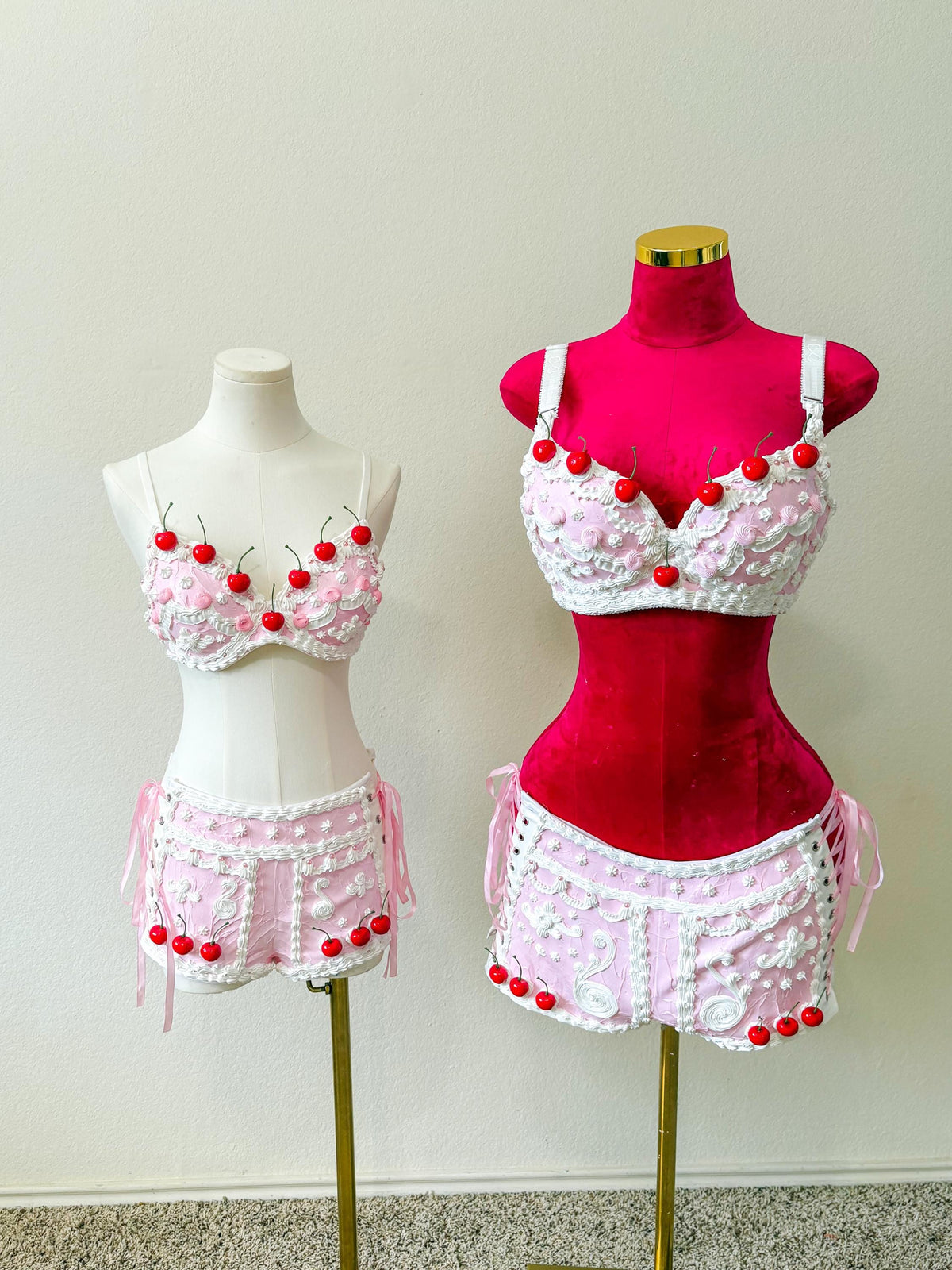 Pink Cake Shorts with Side Corset Lacing, White Faux Frosting & Cherries, Coquette Rave Costume Bottoms