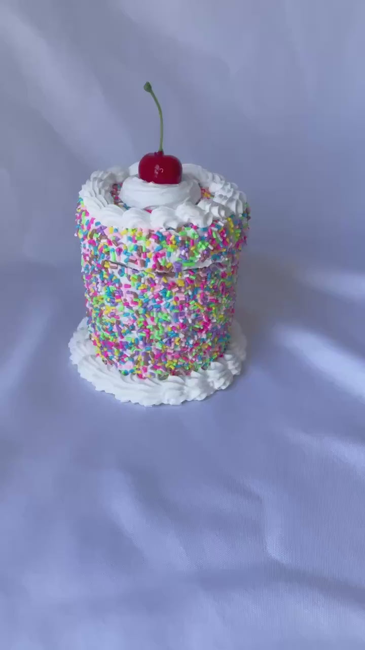 Rainbow Sprinkles with a Cherry on Top Fake Cake Box