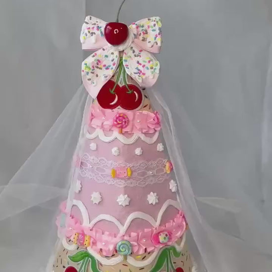 Candy Cake Fairy/Princess Hat with Faux Frosting, Cherry Bow & Tulle Veil | Pink Felt Costume Hat