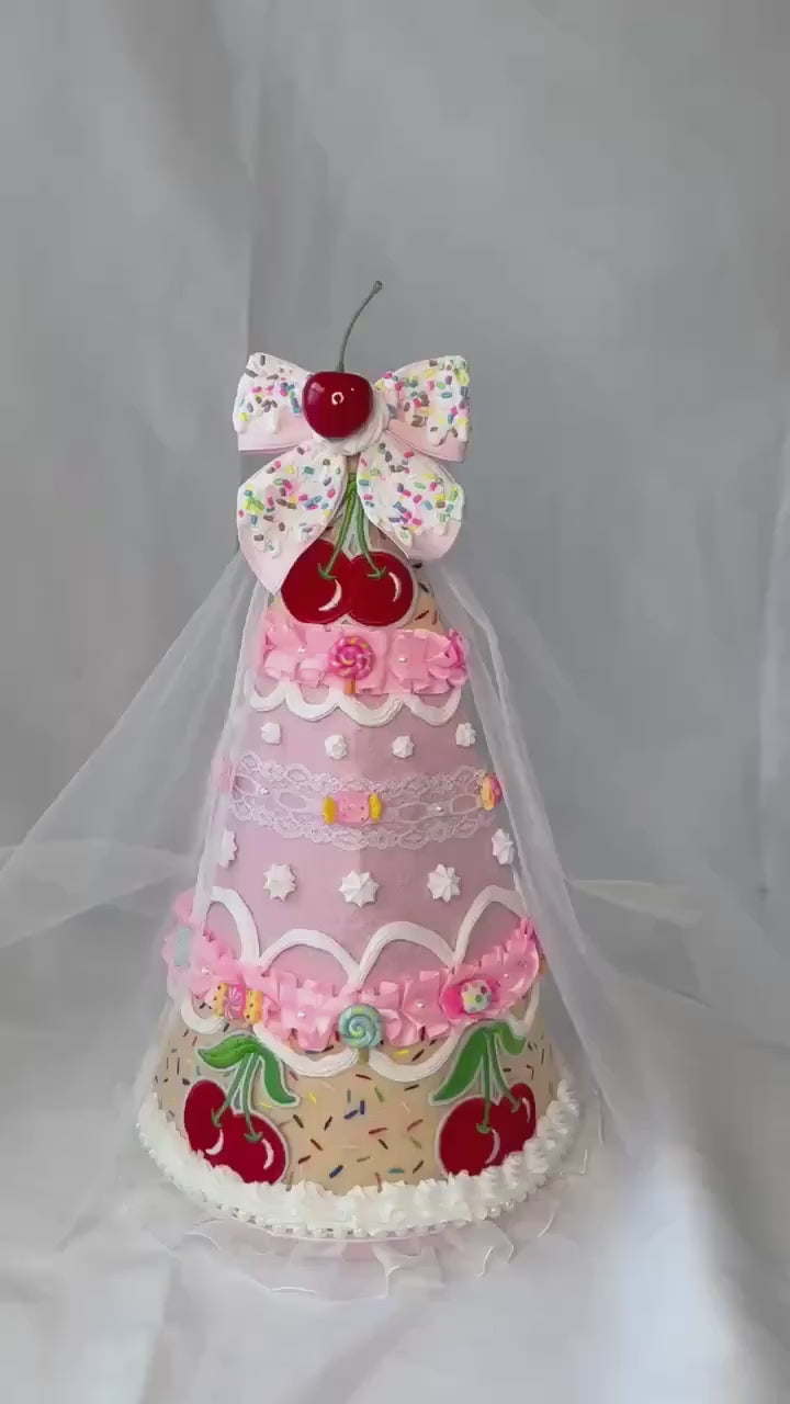 Candy Cake Fairy/Princess Hat with Faux Frosting, Cherry Bow & Tulle Veil | Pink Felt Costume Hat