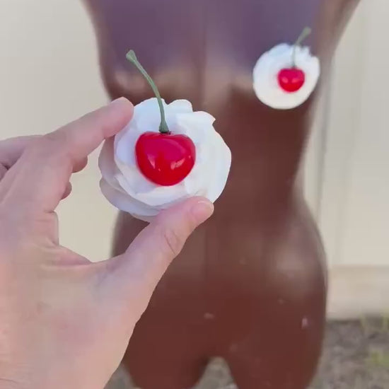 Whipped Cream Pasties with Cherry – Handmade Cake-Inspired Nipple Covers | Kawaii Dessert Lingerie | Rave, Festival, Boudoir Accessory
